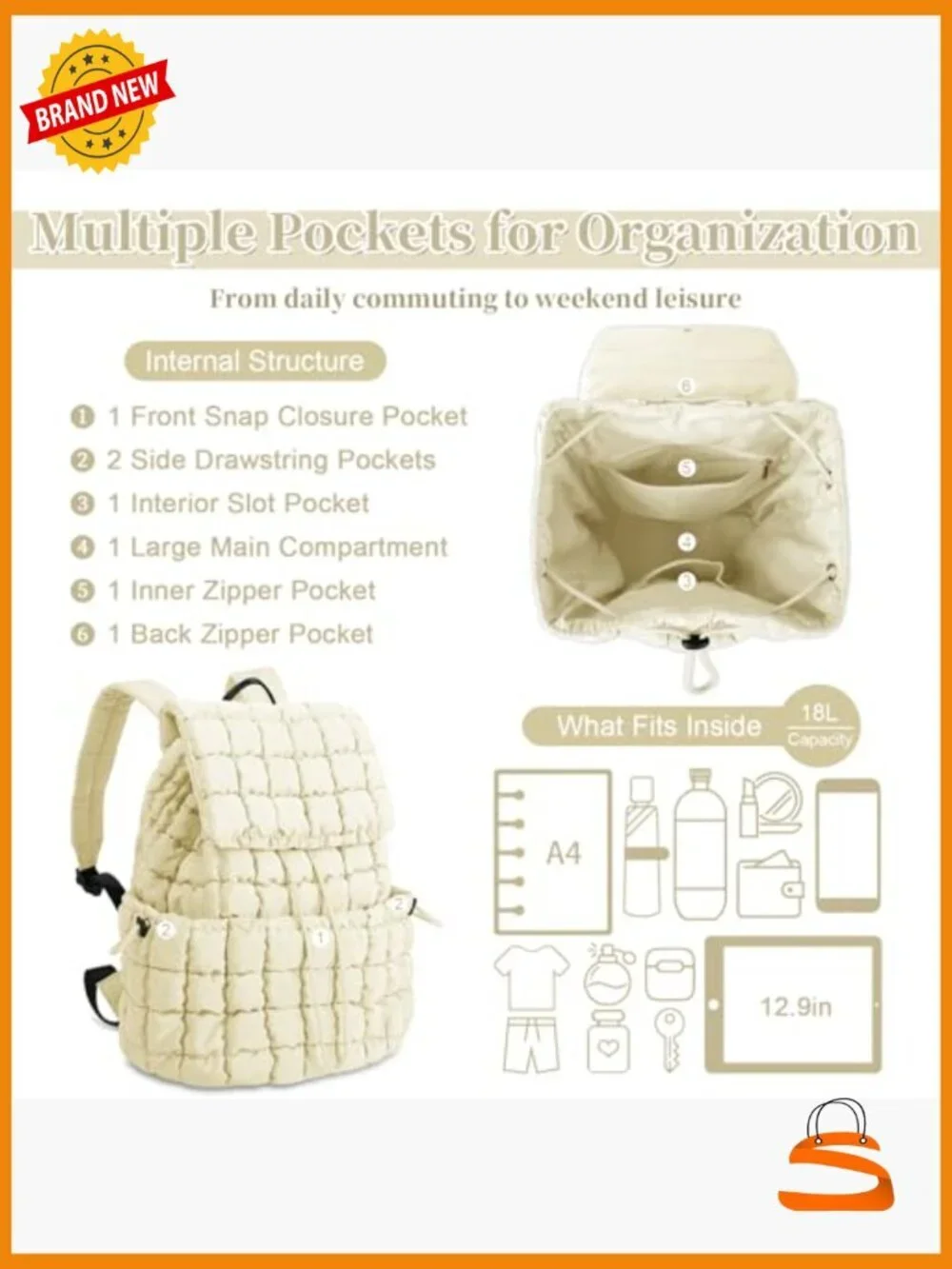 Quilted Puffer Backpack, Lightweight Nylon Travel Daypack, Puffy Hiking Pack